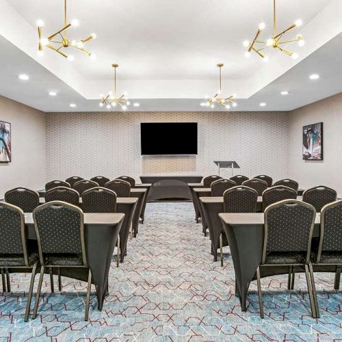 A conference room with lined-up chairs facing a podium and a large screen, modern lighting fixtures, and framed artwork on the walls.